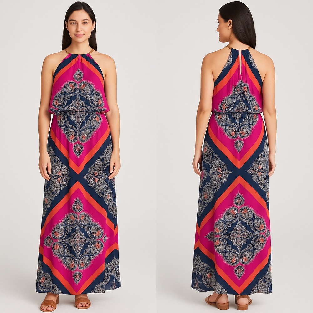 Roz & Ali Sleeveless Maxi Dress Size 10 Boho Paisley Print Halter Neck